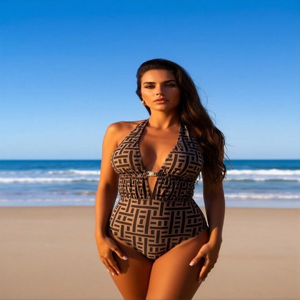 2026 New Women's Sexy Fashion Brown Geometric Print Halter One-Piece Swimsuit Tummy Control For Vacation