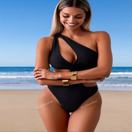 2026 New Women's Sexy Fashion Black One-Shoulder Asymmetric Cutout One-Piece Swimsuit For Vacation