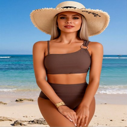 2026 New Women's Sexy Fashion Brown Asymmetric Metal Ring Two-Piece Swimsuit For Vacation & Leisure