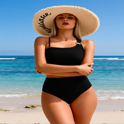 2026 New Women's Sexy Fashion Black Asymmetric Metal Ring Two-Piece Swimsuit For Vacation & Leisure