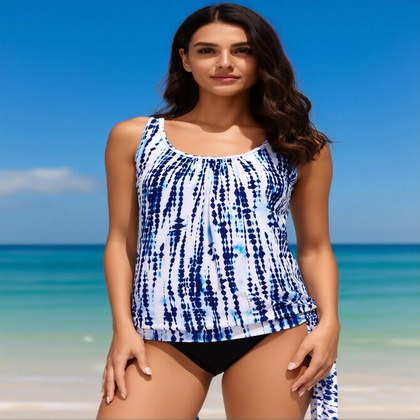 2026 New Women's Sexy Fashion Blue White Tie-Dye Tie-Side Two-Piece Swimsuit For Vacation & Leisure