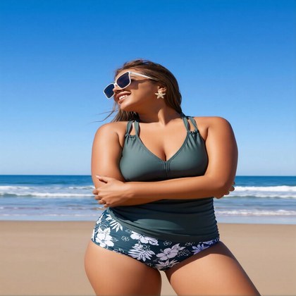2026 New Plus Size Women's Sexy Fashion Army Green Solid & Floral Print Two-Piece Swimsuit For Vacation & Leisure