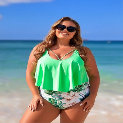 2026 New Plus Size Women's Sexy Fashion Fluorescent Green Ruffled Botanical Print High-Waist Two-Piece Bikini For Vacation & Leisure Swimwear
