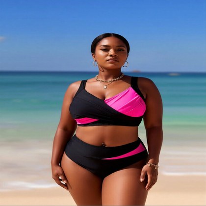 2026 New Plus Size Women's Sexy Fashion Black & Hot Pink Cross High-Waist Two-Piece Bikini For Vacation & Leisure Swimwear