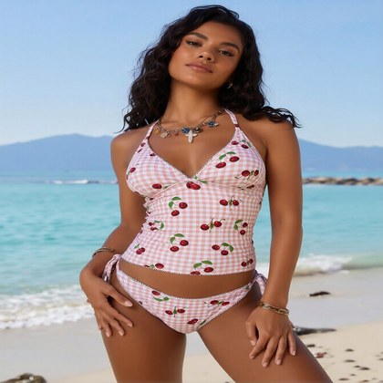 2026 New Women's Sexy Fashion Pink Gingham & Cherry Print Halter Two-Piece Swimsuit For Vacation & Leisure
