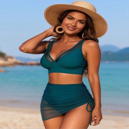 2026 New Plus Size Women's Sexy Fashion Dark Green Mesh Patchwork Two-Piece Swimdress Three-Piece Set For Vacation & Leisure Swimwear