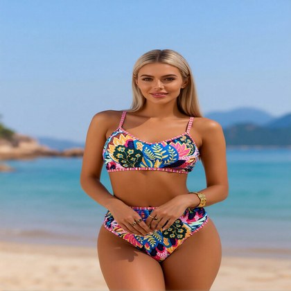 2026 New Women's Sexy Fashion Colorful Floral Print & Wave Trim High-Waist Two-Piece Bikini For Vacation & Leisure Swimwear
