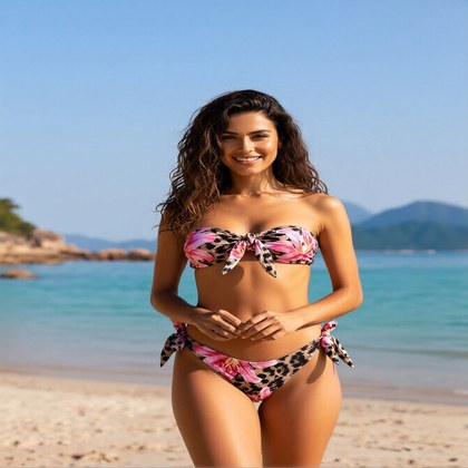 2026 New Women's Sexy Fashion Pink Floral & Leopard Print Bandeau Tie-Side Two-Piece Bikini For Vacation & Leisure Swimwear