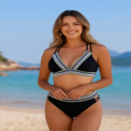 2026 New Women's Sexy Fashion Black Base & Colorful Stripe Halter Two-Piece Bikini For Vacation & Leisure Swimwear