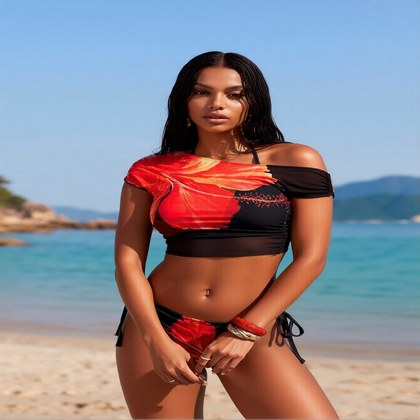 2026 New Women's Sexy Fashion Red & Black Floral Print Off-Shoulder Tie-Side Two-Piece Bikini For Vacation & Leisure Swimwear