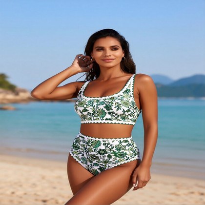 2026 New Women's Sexy Fashion Green Leaf & White Floral & Wave Trim High-Waist Two-Piece Bikini For Vacation & Leisure Swimwear