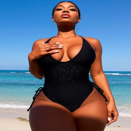 2026 New Women's Sexy Fashion Black Textured Deep V Halter Side-Tie One-Piece Swimsuit For Vacation & Leisure Swimwear