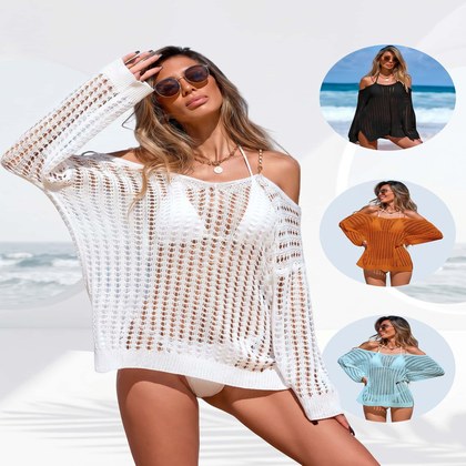 2026 New Gold Spaghetti Strap Hollow Out Beach Cover Up Dress, Sexy V-Neck Bikini Wrap For Summer Cross-Border