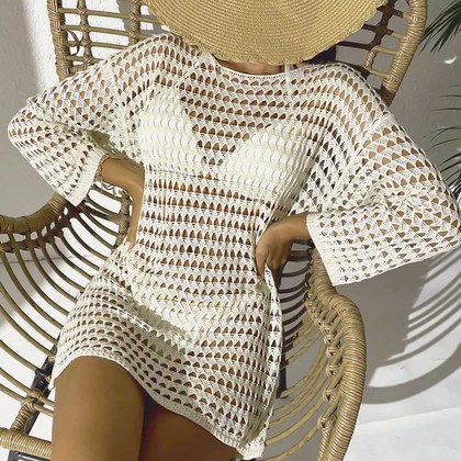 New Summer Women Knit Hollow Out Beach Dress, Crew Neck Long Sleeve Pullover Bikini Cover Up For Europe & America