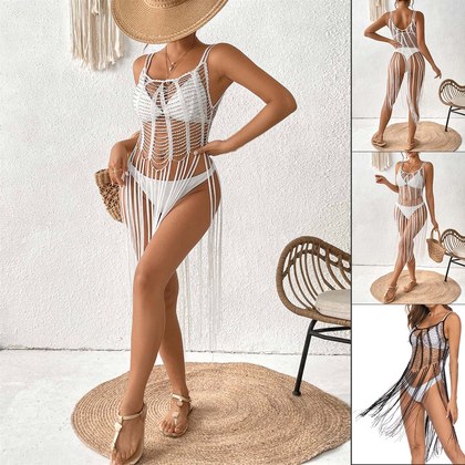 New Beaded Hollow Out Cover Up Dress, Spaghetti Strap Mini Beaded Tunic, Women Sheer Bikini Beach Coverup For Summer