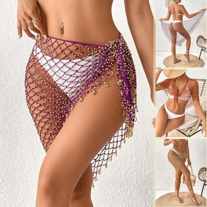 Hand Crochet Beaded Mesh Bikini Cover Up, Sexy Triangle Wrap Sarong Beach Shawl Dress