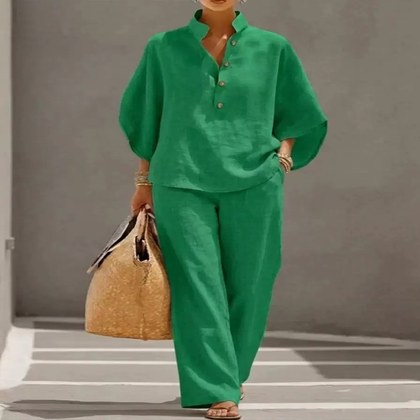 Linen Blend Stand Collar Half Button Batwing Sleeve Top & Wide Leg Pants Casual Two Piece Vacation Outfit Set