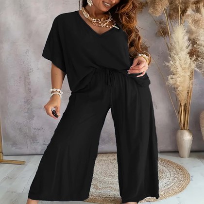 V-Neck Batwing Sleeve Loose Top & Drawstring High Waist Wide Leg Pants Two Piece Casual Outfit Set