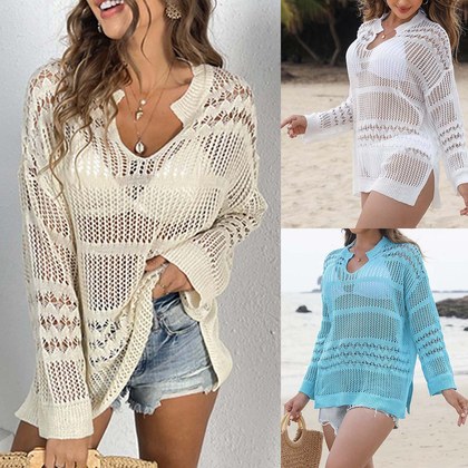 Women Hollow Out Long Sleeve Beach Cover Up, Open Collar Bikini Outerwear Kimono, Hot Selling Summer Vacation Swimsuit Coverup Wholesale