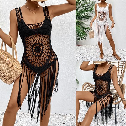 New Hand Crochet Fringe Beach Dress, Hollow Out Halter Bikini Cover Up, Hot Selling Summer Hand Knit Beach Tunic For Amazon Wholesale