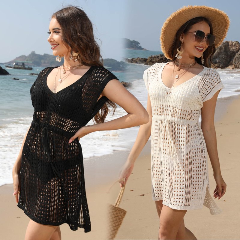 Women Hollow Out Knit Beach Cover Up Dress, Drawstring V Neck Sheer Mesh Mini Skirt, Solid Color Swimsuit Cover Ups For Summer Vacation
