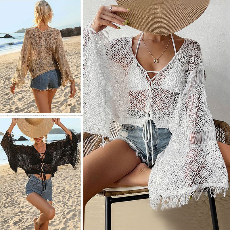 New Cross-Border Seashell Pattern Beach Cover Up, Fringe Flare Sleeve Sun Protection Shirt, Bikini Outerwear For European & American Market