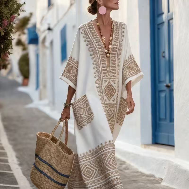 European And American 3D Digital-print V-neck Dress