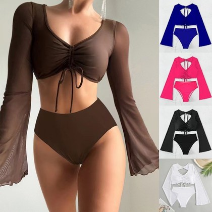 Solid-color High-waisted Modest Spliced Swimsuit With Mesh Panels