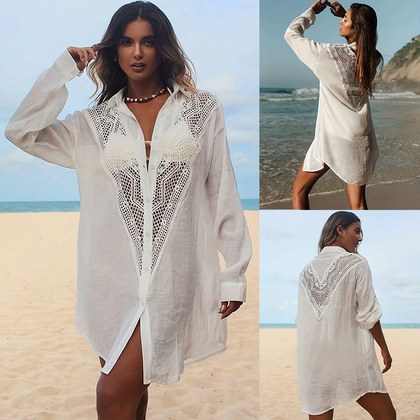 Lace Trimmed Blouse Style Swimsuit Cover Up Womens Sun Protective Beach Cardigan