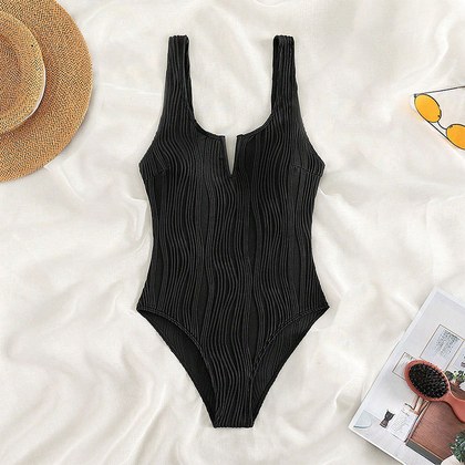 Solid-color Striped Modest Figure-flattering One-piece Swimsuit