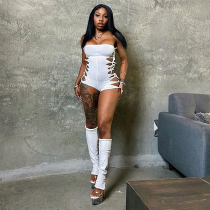 Womens Stylish Hollow-out Lace-up Bodysuit And Versatile Leg-sock Set