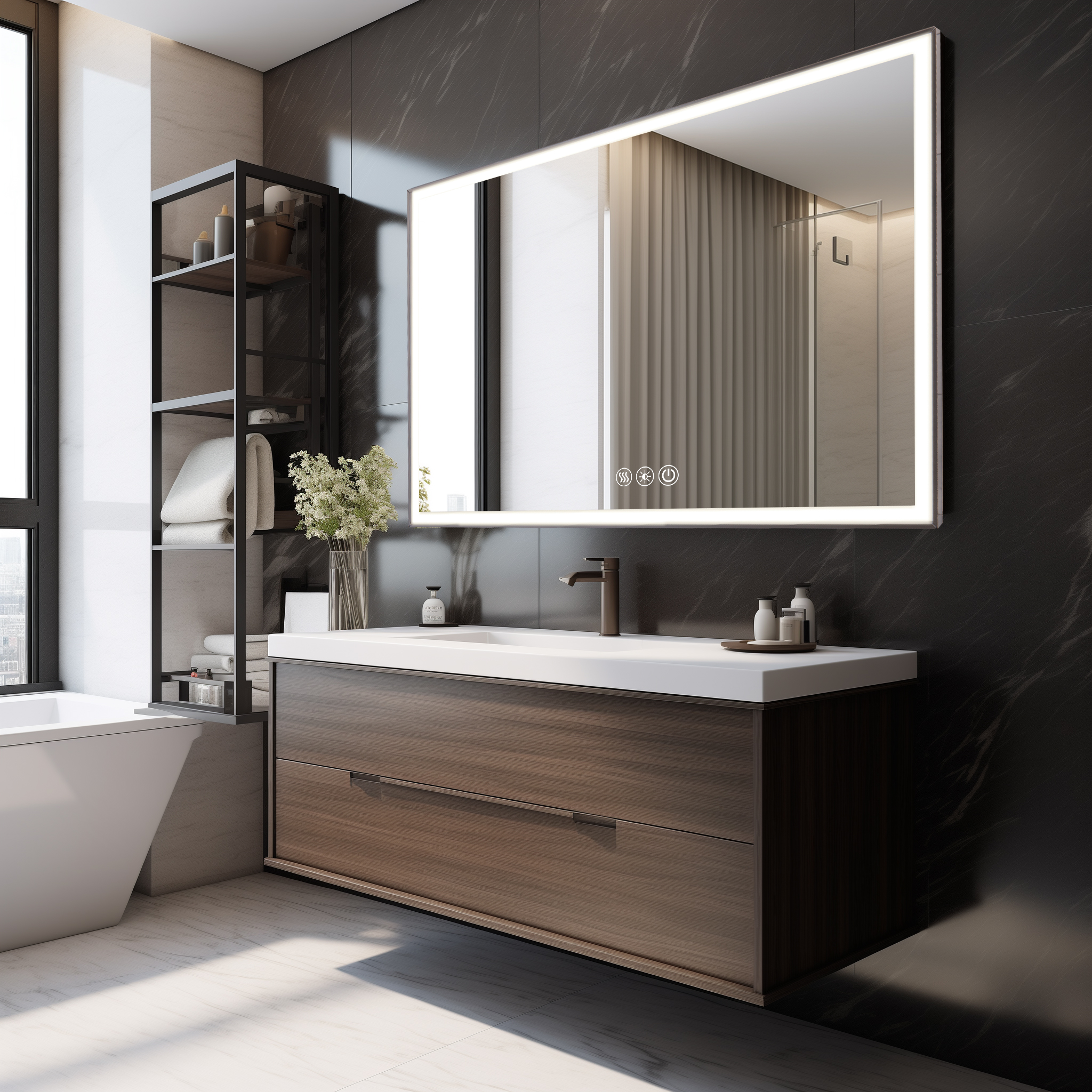 48  X 32  LED Bathroom Mirror With Brushed Aluminum Frame,Copper-Free Silver Mirror, 3-Color Dimmable Lighting With Memory, Anti-Fog Vanity Mirror