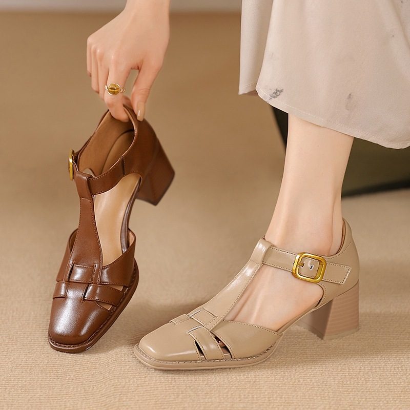 Chunky-heeled High Heel Genuine LeatherSquare-toe Womens Shoes French Vintage Style