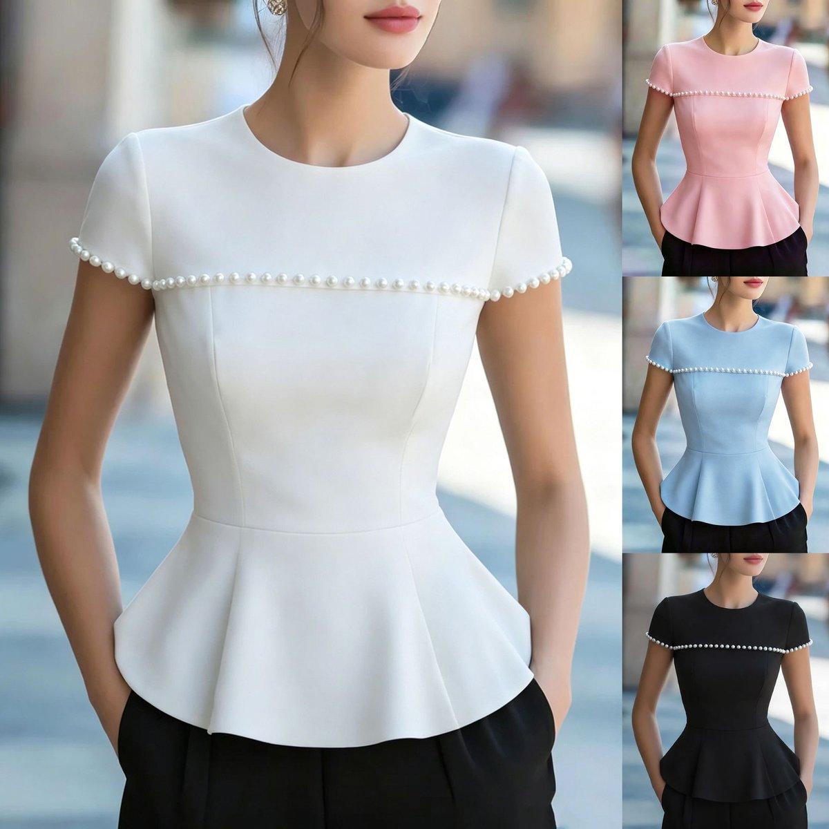Summer Round-neck Beaded Short-sleeve Top