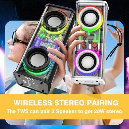 Portable Bluetooth Speaker With LED Lights&Transparent Casing, Bluetooth 5.3 Wireless Outdoor Speakers Support TWS PairingTF Card, 10W Stereo Sound,…