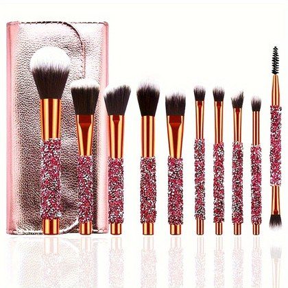 10Pcs Luxury Makeup Brush Set Diamond Rivet Handle Design Crystal Makeup Brush, For Face And Eye Makeup Brush Professional Foundation Concealer Eye …