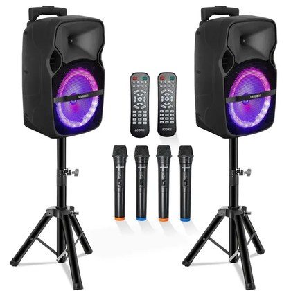 5 Core Party Speaker Bluetooth 250W Big Monster Powered Rechargeable Outdoor PA DJ System W Disco Lights 2 Wireless Karaoke Mics Portable Rolling Sp…