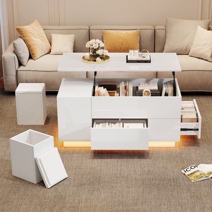 100x50x45cm Coffee Table 4-in-1 Height-Adjustable Sofa Table With LED, Coffee Table With 2 Drawers, High-Gloss Table With Sofa And 2 Stools, Side Ta…