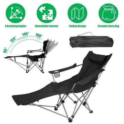 Reclining Camping Chair With Footrest 4-Position Adjustable Outdoor Folding Chair Heavy Duty Portable Camping Lounge Chair With Headrest Cup Holder …