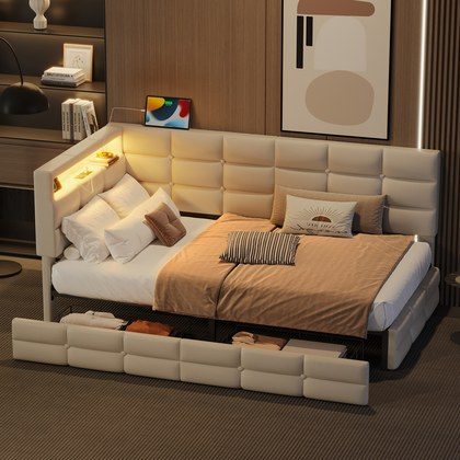 Upholstered Twin Size Daybed With Storage 2 Drawers And Charging Station, Day Bed Frame With LED Lights And Storage Headboard, No Box-Spring Needed,…
