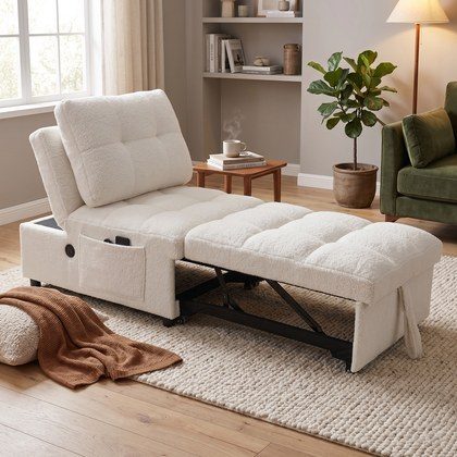 Single Sofa Bed Without Armrests, Soft Teddy Fabric Texture, Skin-friendly, Built-in USB Charging Port, Side Storage Pocket, Adjustable Backrest, Su…