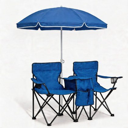 Portable Double Folding Beach Chair Set With Umbrella, 2-Person Outdoor Camping Chair With  Cup Holders, Foldable Patio Chair For Picnic, Backyard, …