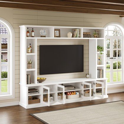 Entertainment Center Wall Unit For TVs Up To 80  , All-in-One Modern Entertainment Center With Bookshelves & Tempered Glass Doors, TV Console Unit W…