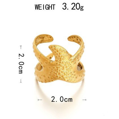 New Stainless Steel Vacuum Plated 18K Gold Starfish Shell Heart Flower Open Ring