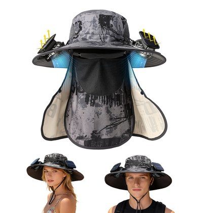 1Pc 2 In 1 Solar Fan Hat UPF50 Sun Hat With Fans Wide Brim Fishing Hat With Face Cover Neck Flap Solar USB Charging For Hiking Gardening Outdoor Wor…