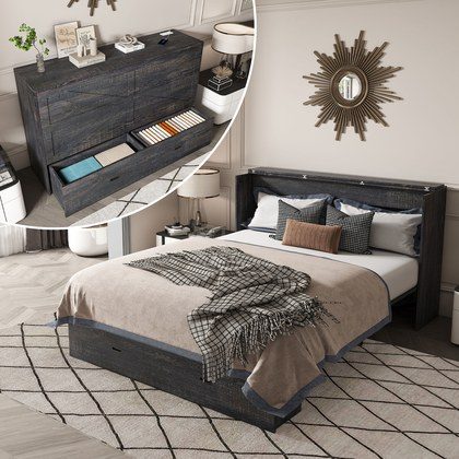57 Inches Murphy Bed, With Storage Drawers And Charging Cabinet, With Foldable Panels, With Swivel Wheels, Noise-free, Suitable For Guest Rooms, Liv…