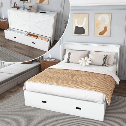 57 Inches Murphy Bed, With Storage Drawers And Charging Cabinet, With Foldable Panels, With Swivel Wheels, Noise-free, Suitable For Guest Rooms, Liv…