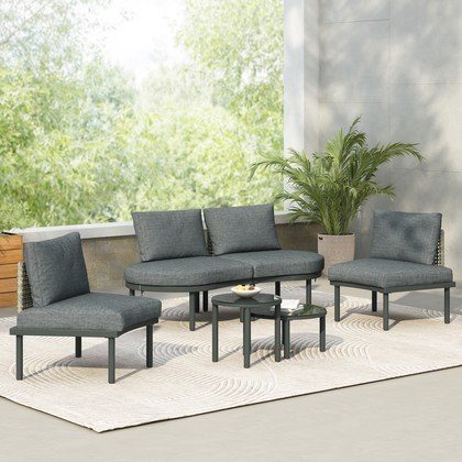 TOPMAX 6-Piece Patio Sofa Furniture Set, Half Moon Outdoor Sectional Sofa With 2 High-Low Coffee Tables, PE Wicker Rattan, Tempered Glass, 4 Pillows…