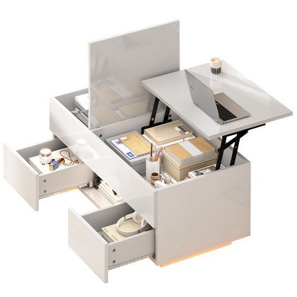 Lift-Top Coffee Table, High Gloss Centre Table With 2 Drawers & LED Lights, Lifting Sofa Side Table, Space-saving End Table,Tea Table,for Living Roo…