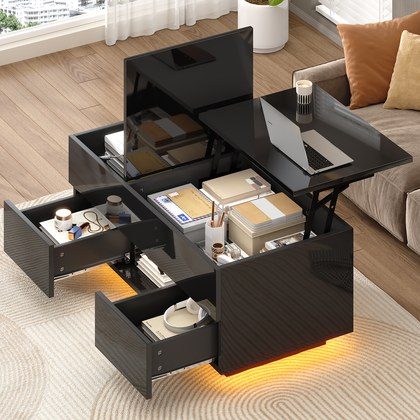 LED Lift-Top Coffee Table, High Gloss Centre Table With 2 Drawers & LED Lights, Lifting Sofa Side Table, Space-saving End Table,Tea Table,for Living…